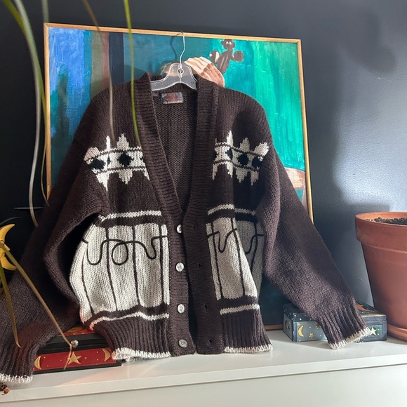Vintage 60s 70s Grandpa Boho Brown and Cream Cardigan Medium - Picture 6 of 15